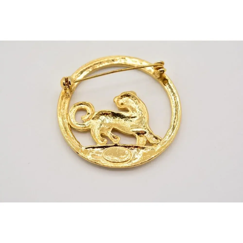 Vintage Leopard Pin Brooch Gold Wild Cat Jungle Antiqued Gold Tone 1980s 9B